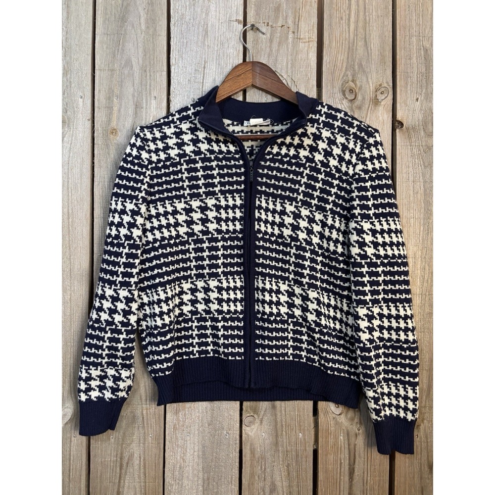 Patchington Houndstooth‎ Zip-Up Knit Cardigan | Navy & Cream | Medium
